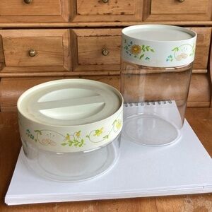 🧡💛💚 2 of 3 Spring Wildflower Pyrex glass canister containers CLEAN BEAUTIFUL